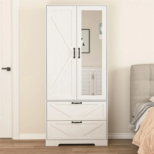 AMIRAH Farmora Rustic Farmhouse Armoire Closet – Bedroom Wardrobe with Mirror & Drawers