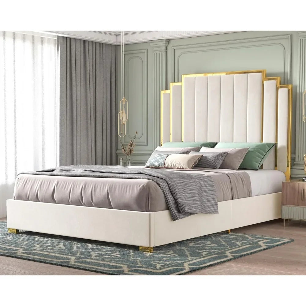 ISLA Modern 65" King Size Upholstered Platform Bed Frame with Golden Plating Trim