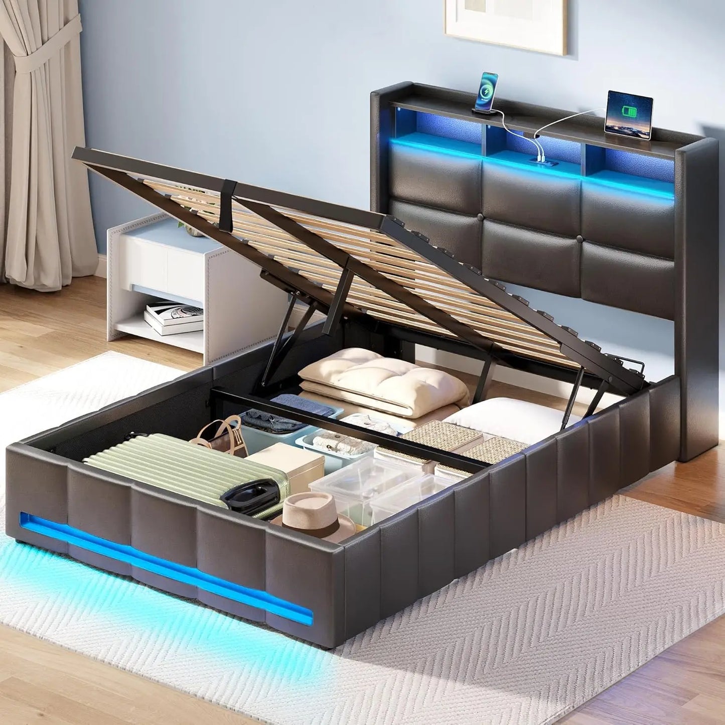 Inaya Modern Lift-Up Full Bed Frame with LED Lights and Storage Headboard