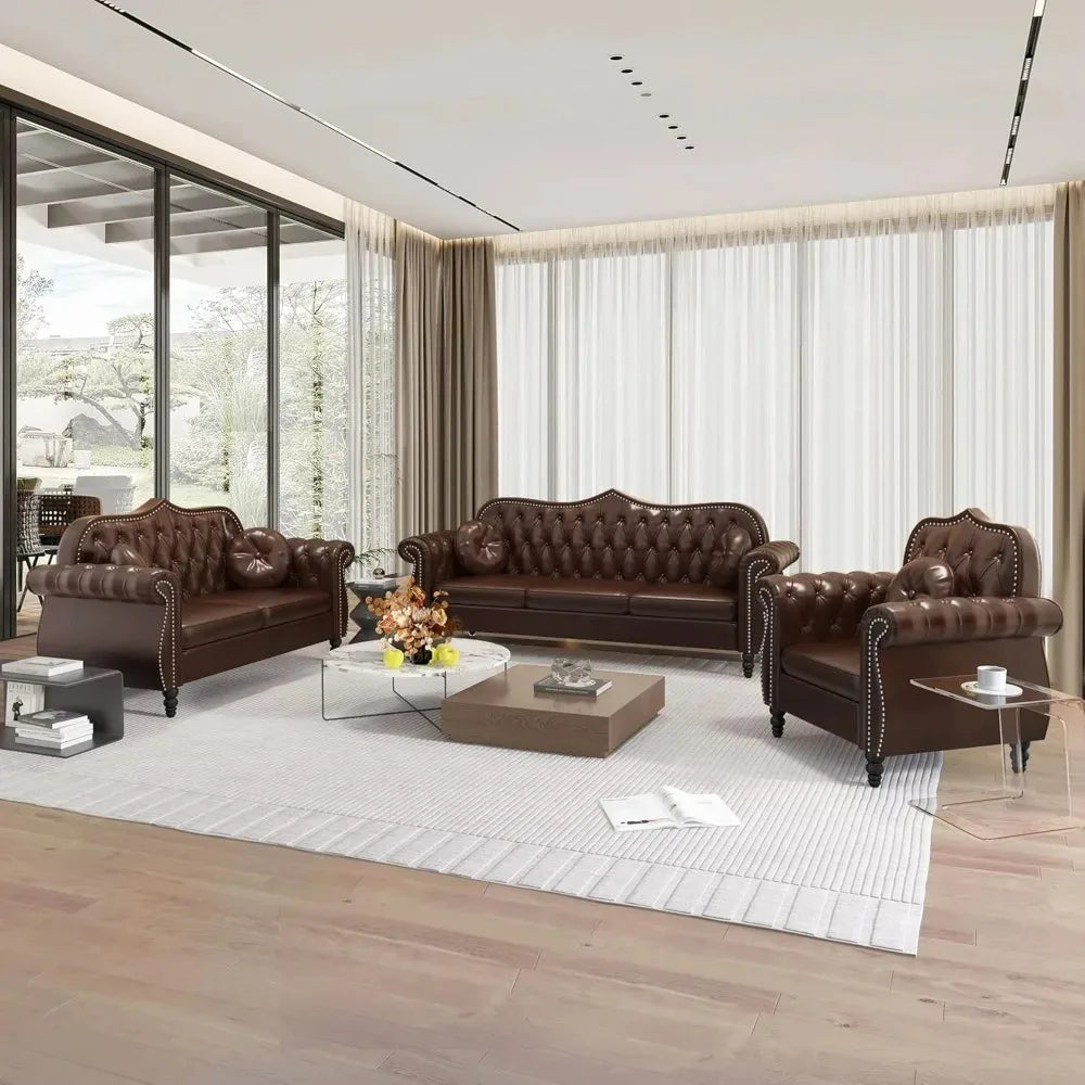 HUDSON ChesterLuxe Classic Chesterfield Sofa Set – Mid-Century PU Sectional Couch – 82.67"W