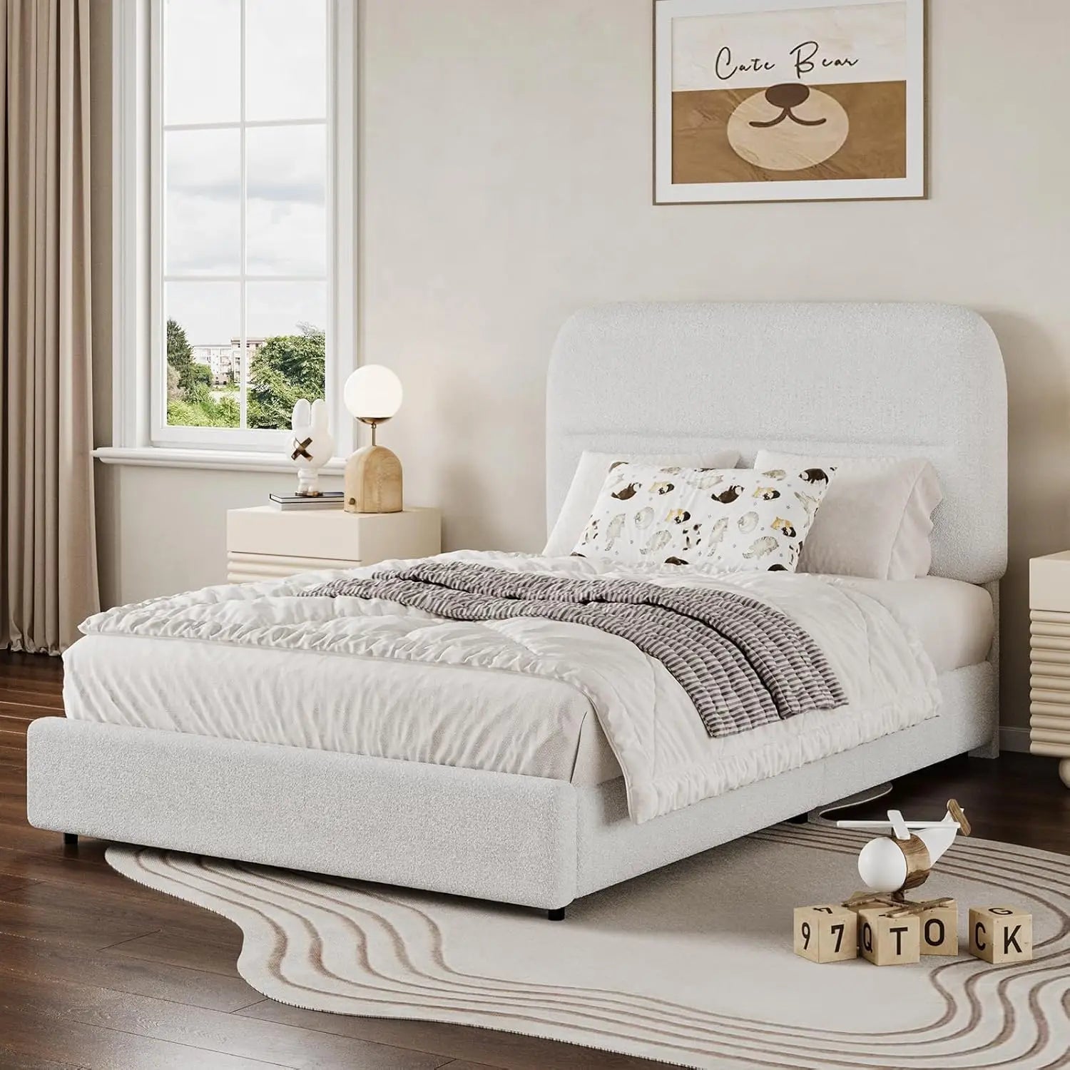 MILA Modern King Upholstered Bed Frame with Soft Boucle Fabric & Adjustable Headboard - 75.9'' Wide