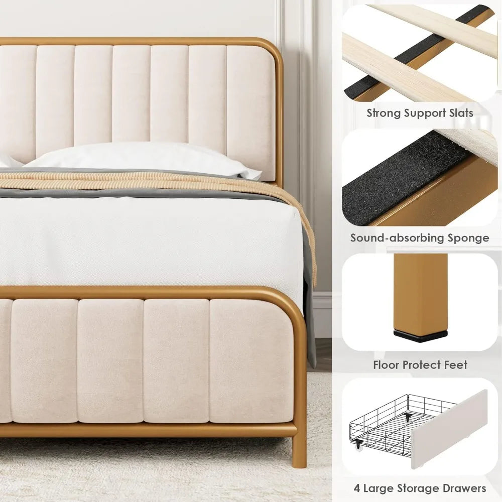 REMI Elegant Velvet Upholstered Bed Frame with 4 Storage Drawers - 60''