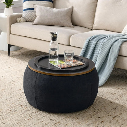 JUSTIN Modern Round Storage Ottoman with Wooden Lid – 25.5" W