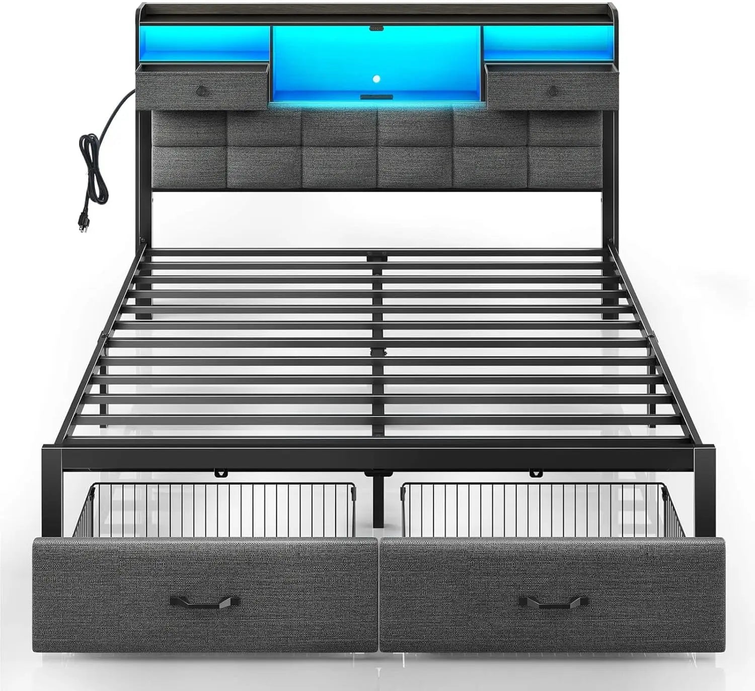 VICTORIA Modern Upholstered King Size Platform Bed with Storage & LED Headboard – 76"