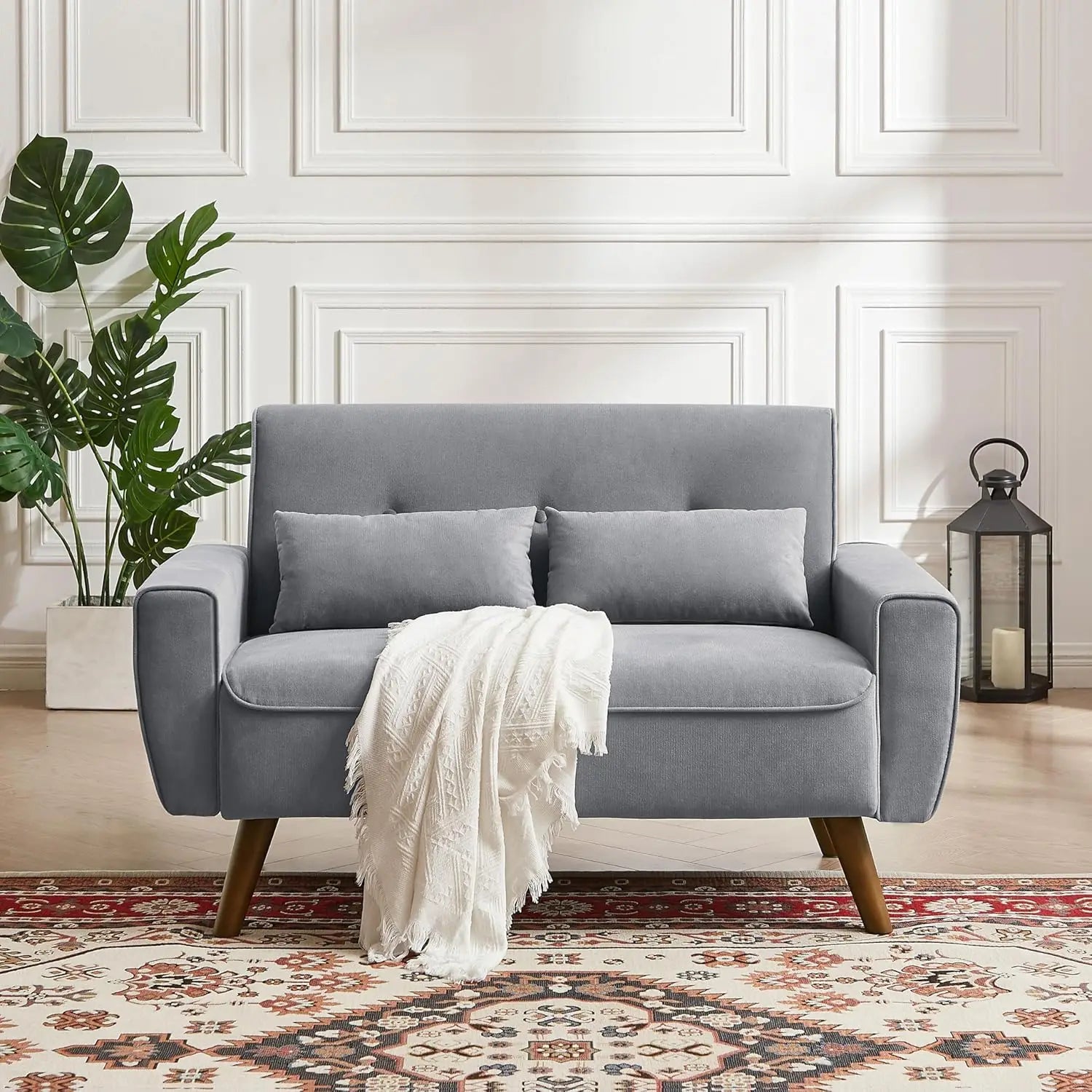 MASON Mid Century Modern 2 Seat Loveseat Sofa, Tufted Linen Couch with Throw Pillows - 48"