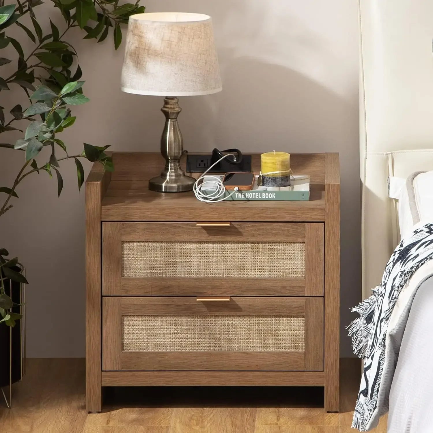WYNTER Wide Bedside Table with Type-C Charging, 2 Drawers & Open Shelf