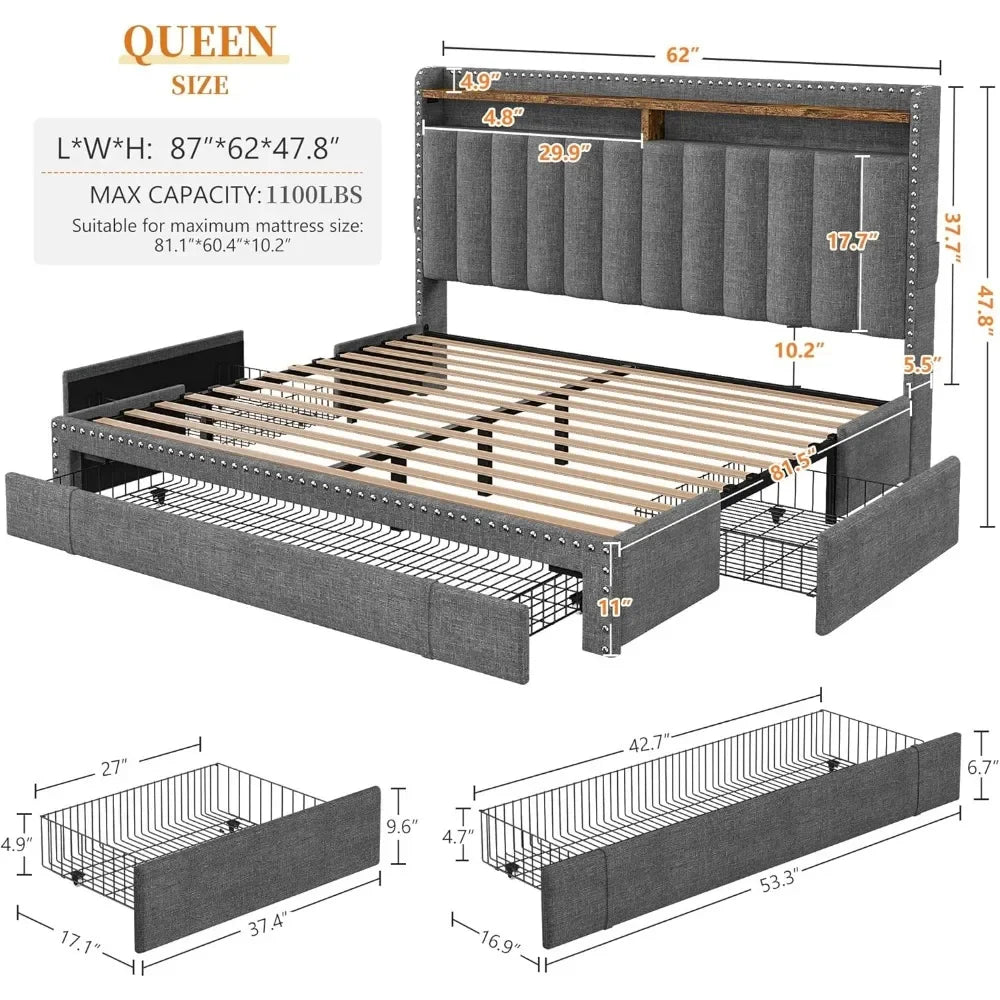 Scottie Vintage Style Queen Bed Frame with Upholstered Headboard and 62" Width Storage Drawers