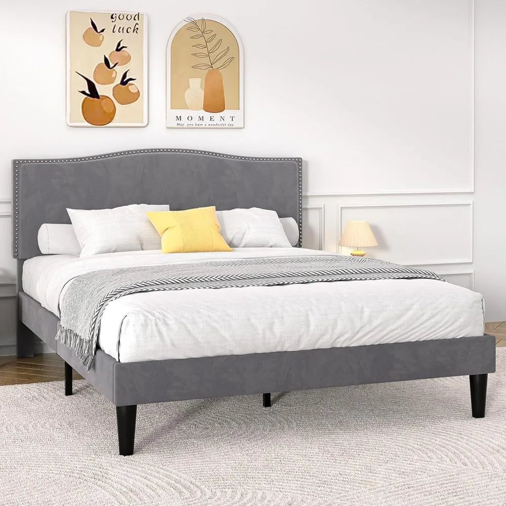 SOFIA Modern Velvet Upholstered Platform Bed Frame with Rivet Headboard