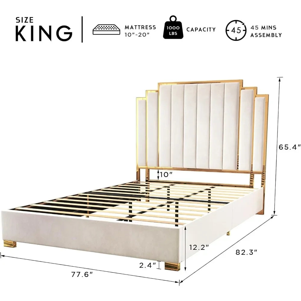 ISLA Modern 65" King Size Upholstered Platform Bed Frame with Golden Plating Trim