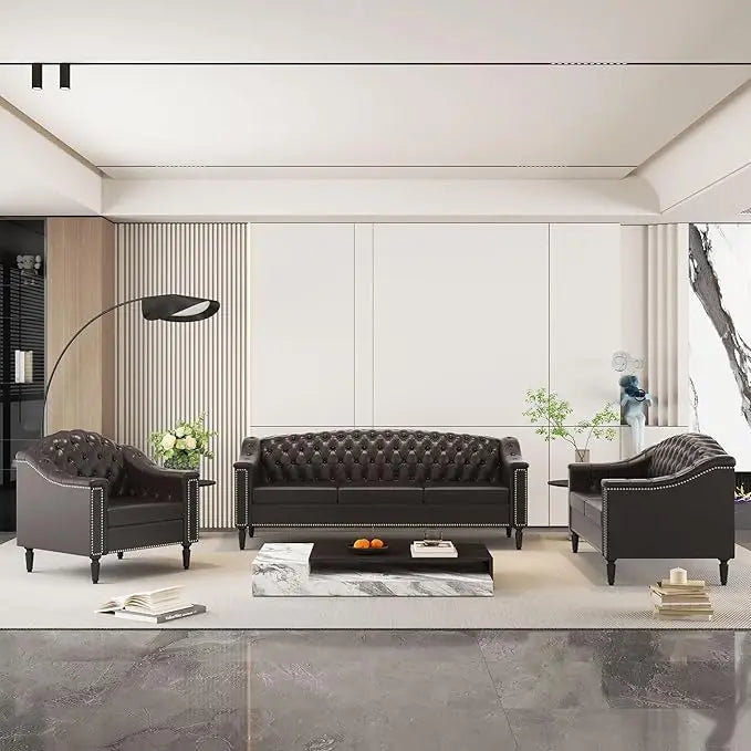 HUDSON ChesterLuxe Classic Chesterfield Sofa Set – Mid-Century PU Sectional Couch – 82.67"W
