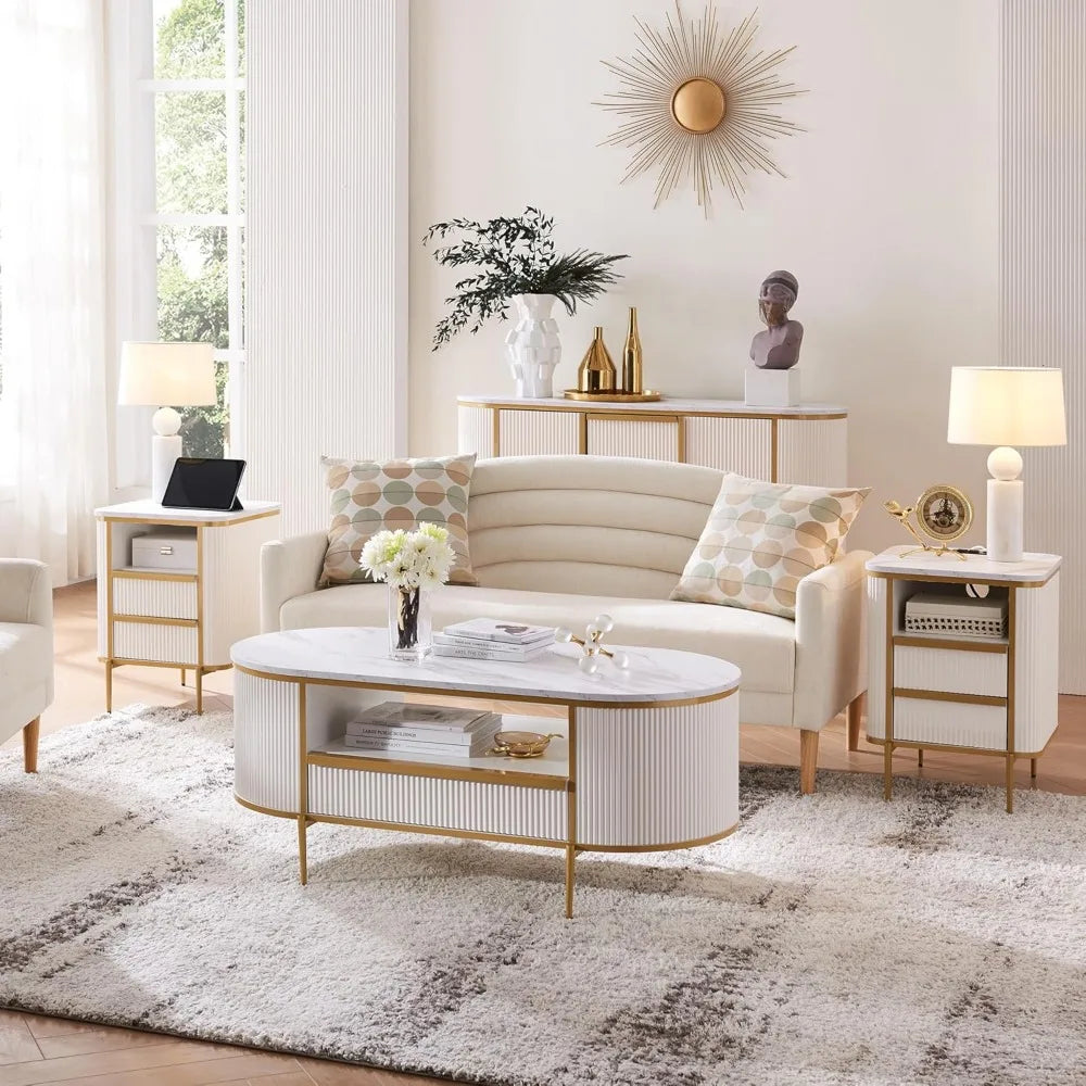 NINA Luxury End Table with Charging Station, Faux Marble Top & Gold Accents - 18''