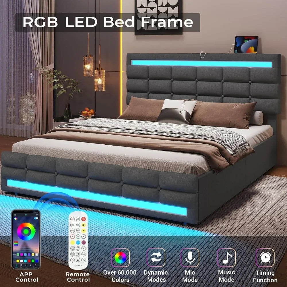 Maeve Modern Queen Bed Frame with Adjustable LED Headboard and Storage Drawers