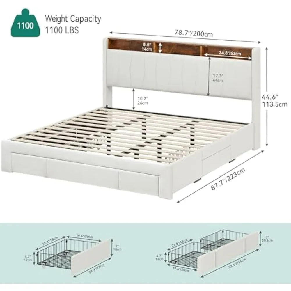 JULIETTE Modern King Size Storage Bed Frame with LED Lighting & Charging Station – 78''