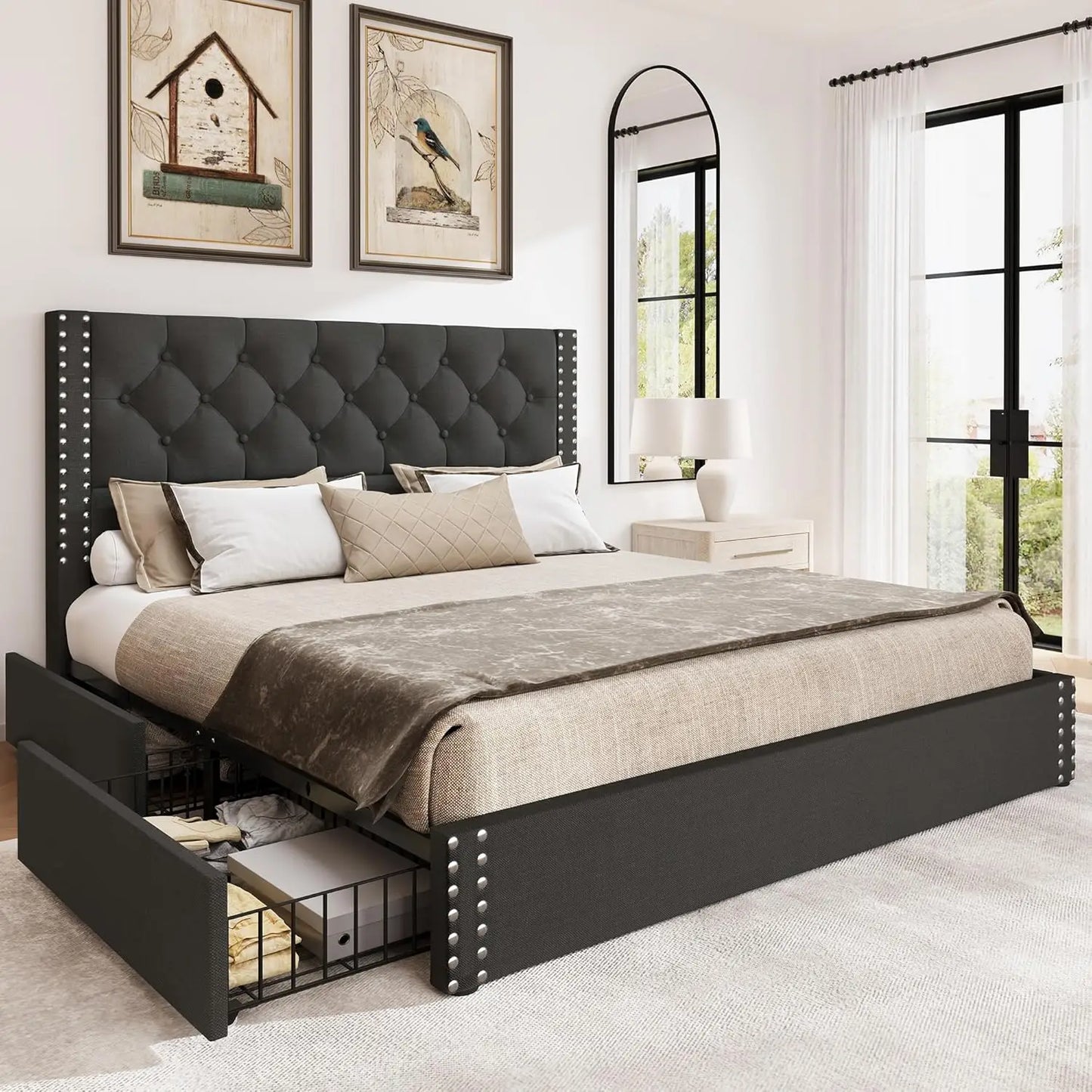 ADELINE Elegant Upholstered Bed Frame with Storage Drawers – King Size