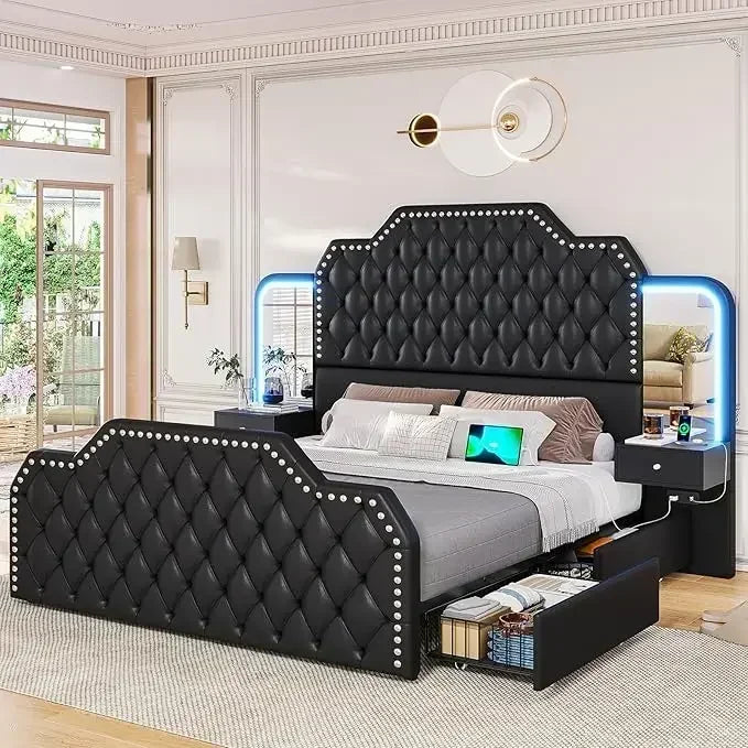 Arely Luxury Glam Upholstered Bed Frame | Queen Size 79.1" Wide PU Leather Platform Bed