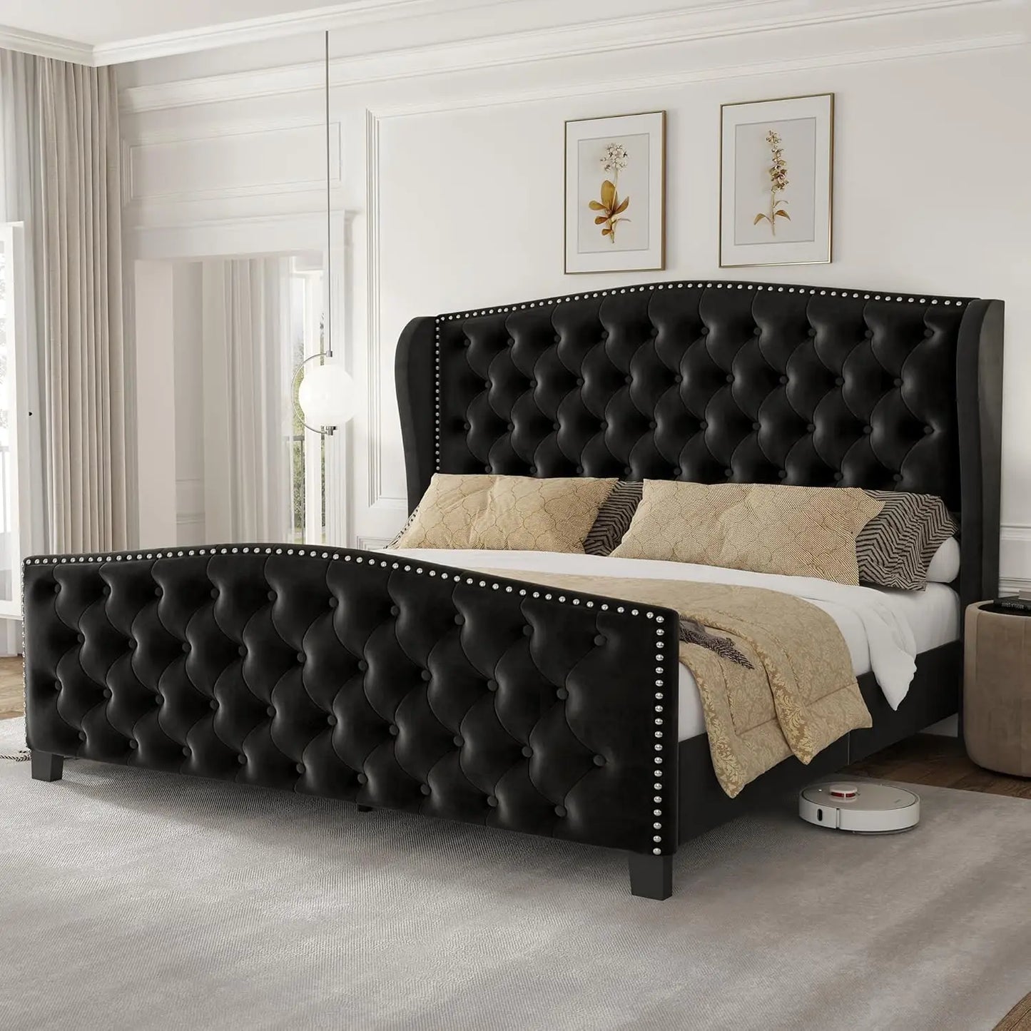 ALICE Luxury Wingback Velvet Upholstered Platform Bed Frame with Button Tufted Headboard