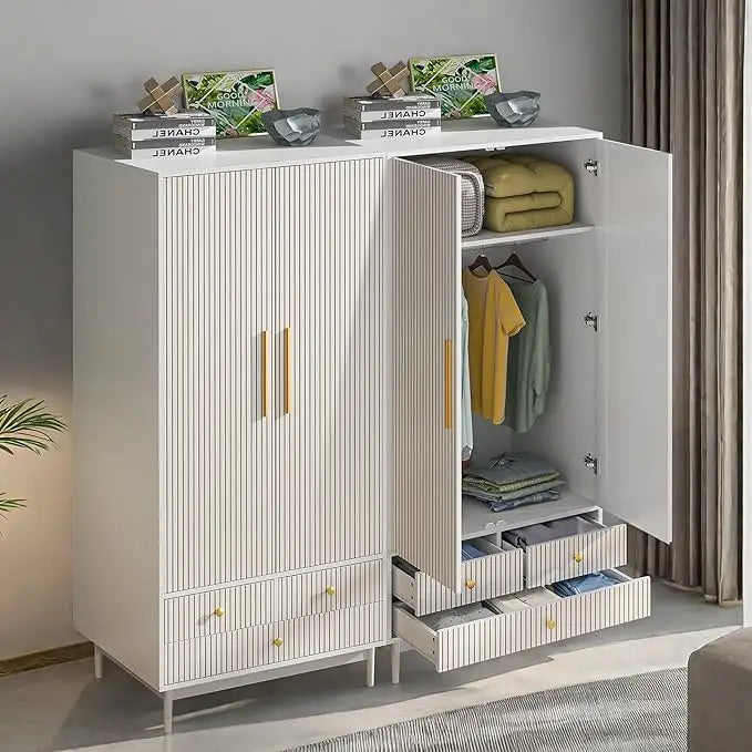 FIONA Modern Groove Panel Wardrobe Armoire – Wooden Clothing Organizer with Drawers, Shelves & Hanging Rod