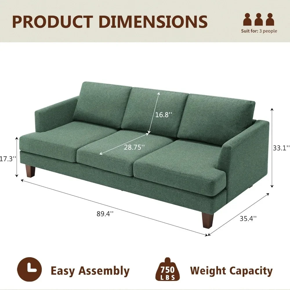 WILLIAM Mid Century Modern 3 Seater Sofa Couch with Deep Seats and Armrests - 89.37''