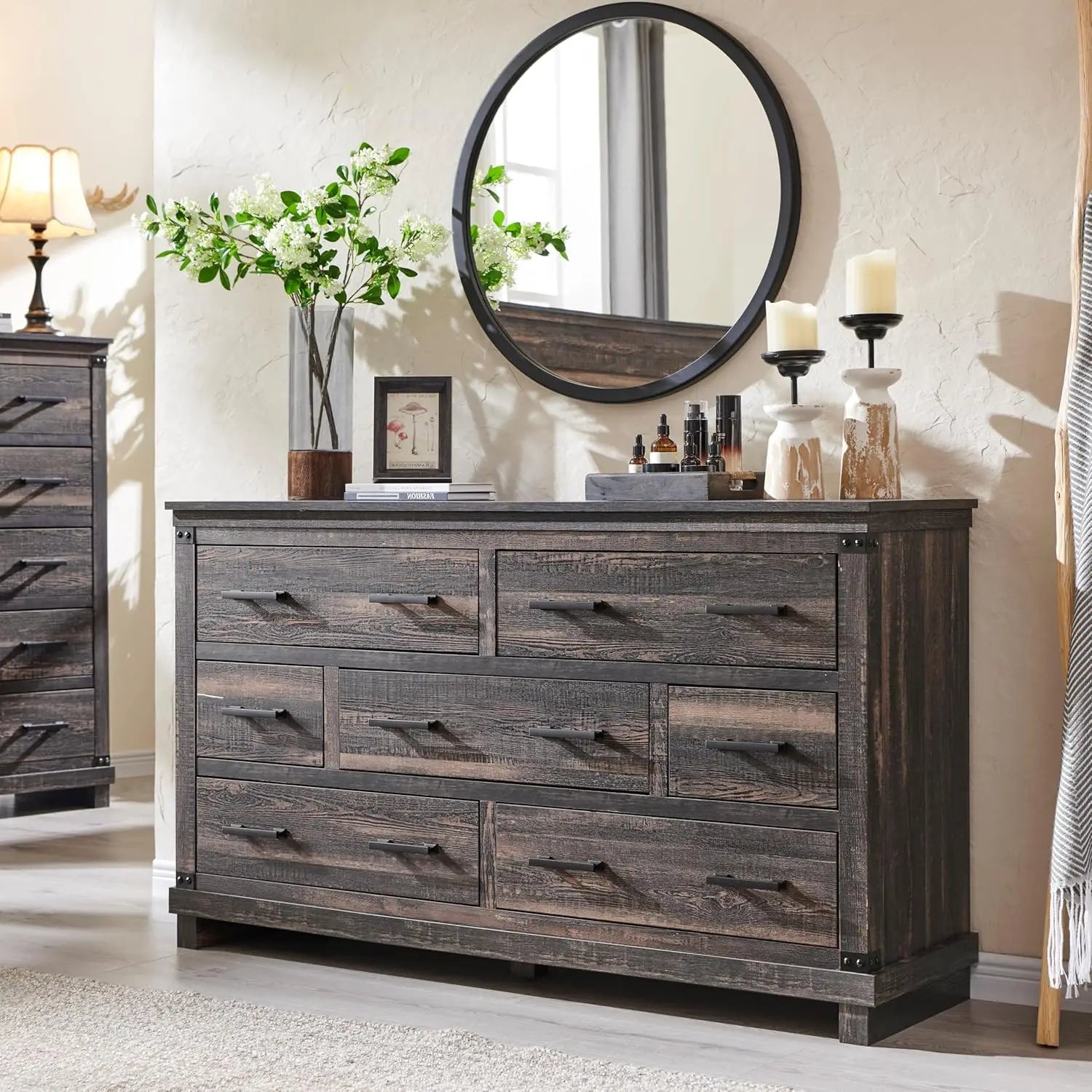 KIARA Farmhouse Rustic 7-Drawer Dresser – Antique Wooden Storage Chest – 54'' Wide  Description: