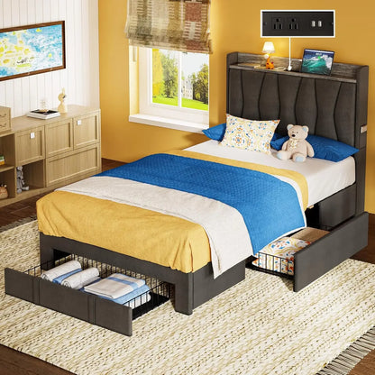 LILLIAN Modern Upholstered Platform Bed Frame with Storage Headboard & Charging Station