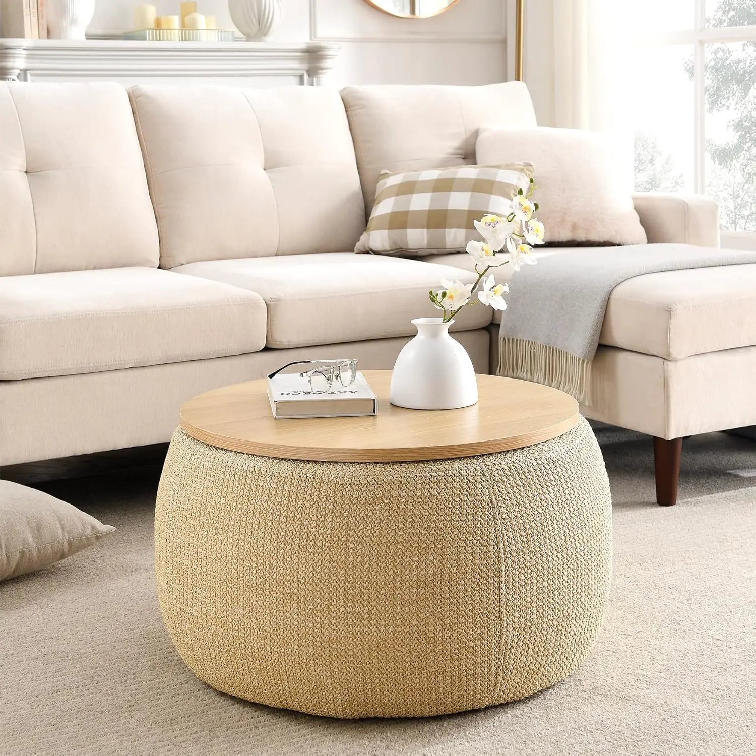 JUSTIN Modern Round Storage Ottoman with Wooden Lid – 25.5" W