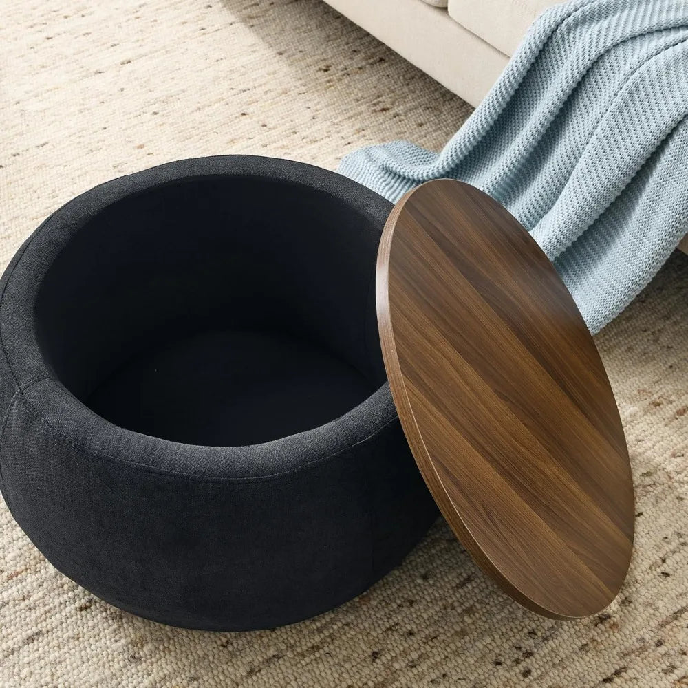 JUSTIN Modern Round Storage Ottoman with Wooden Lid – 25.5" W
