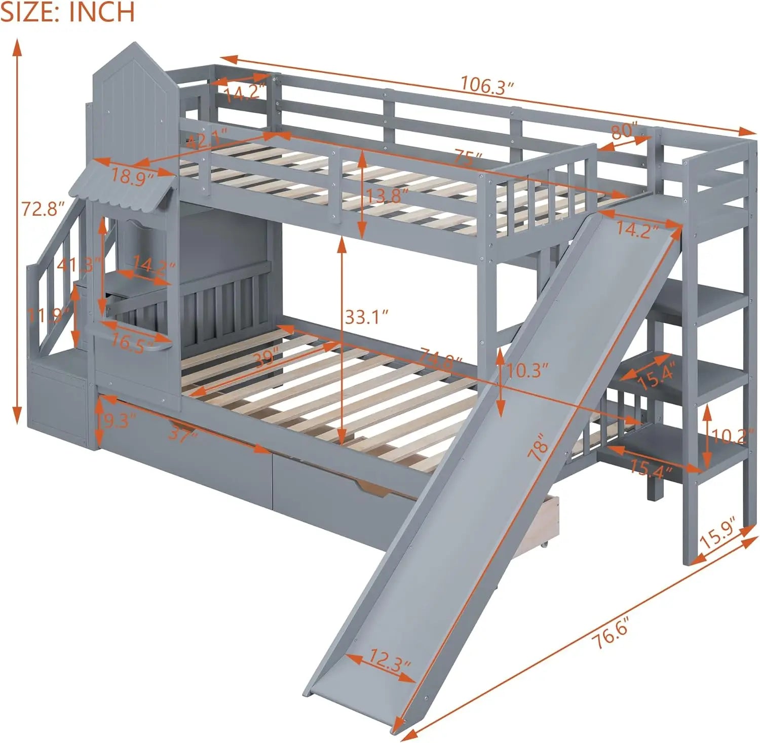 PEYTON Castle Style Wooden Twin Over Twin Bunk Bed with Stairs, Slide & Storage