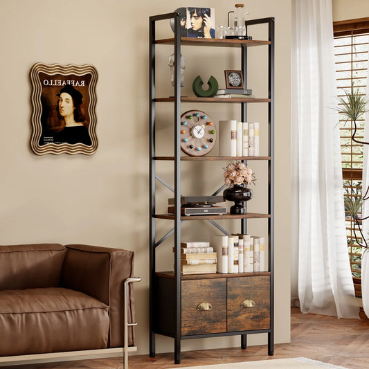 6-Tier Storage Rack Bookshelf with 2 Fabric Drawers, Tall Metal Frame Bookcase for Living Room and Office, Rustic Brown
