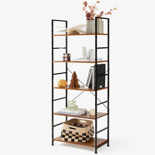 Bookcase, 5 Tier Book Shelf, Storage Shelf, Classic Modern Bookcase for Cds, Movies, Books, Industrial Bookcase for Home Office, Living Room, Kitchen, Bedroom, Rust Brown