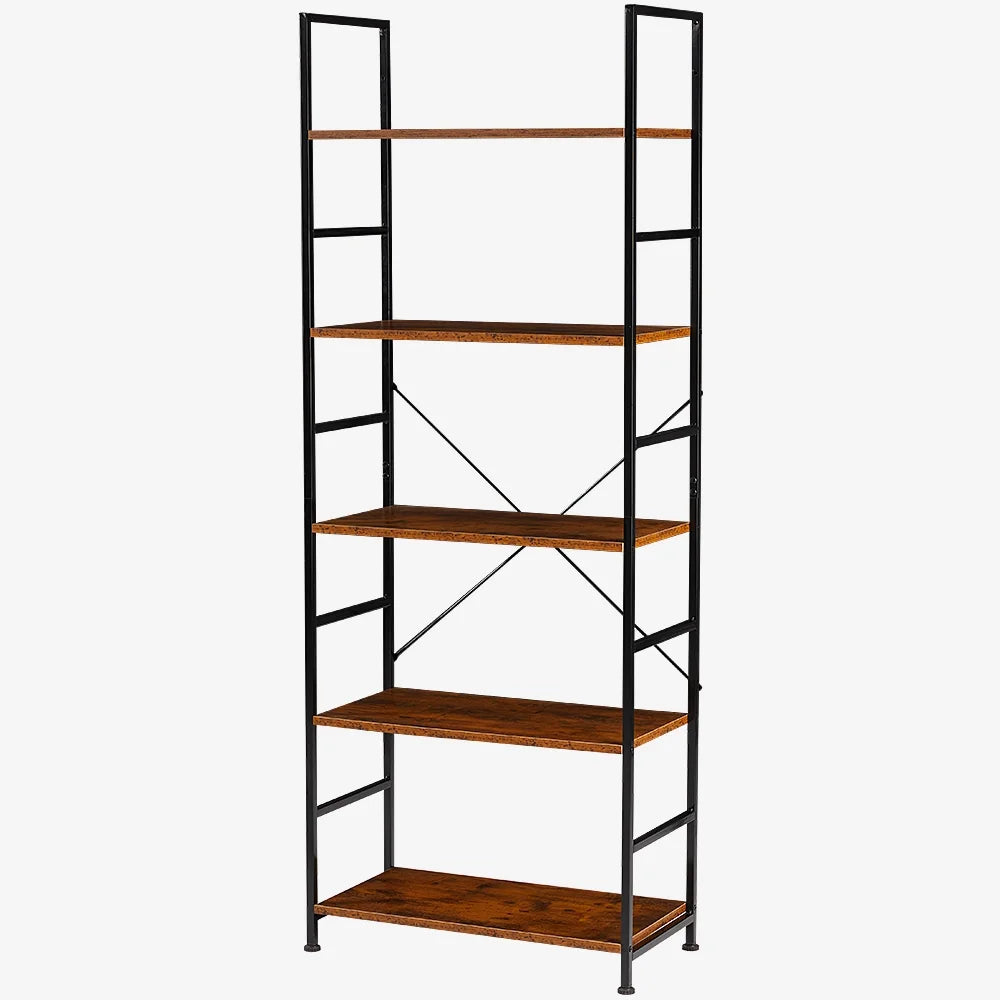 Bookcase, 5 Tier Book Shelf, Storage Shelf, Classic Modern Bookcase for Cds, Movies, Books, Industrial Bookcase for Home Office, Living Room, Kitchen, Bedroom, Rust Brown
