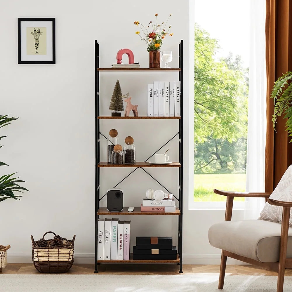 Bookcase, 5 Tier Book Shelf, Storage Shelf, Classic Modern Bookcase for Cds, Movies, Books, Industrial Bookcase for Home Office, Living Room, Kitchen, Bedroom, Rust Brown