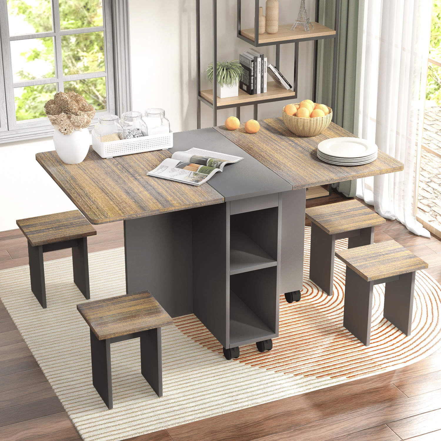 Folding extendable dining table set with 4 chairs in rustic brown and gray finish