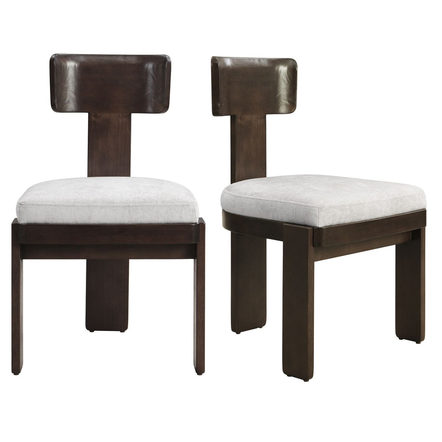 Gray upholstered dining chair set of 2 with dark brown legs