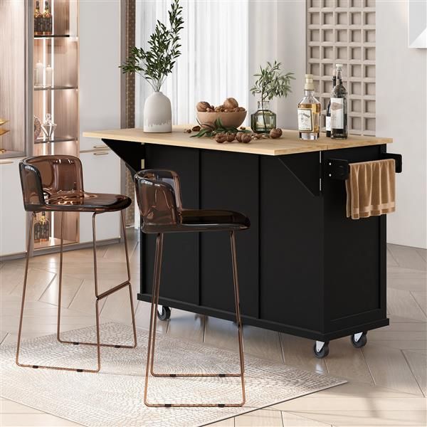 Black kitchen island cart with wooden drop-leaf countertop