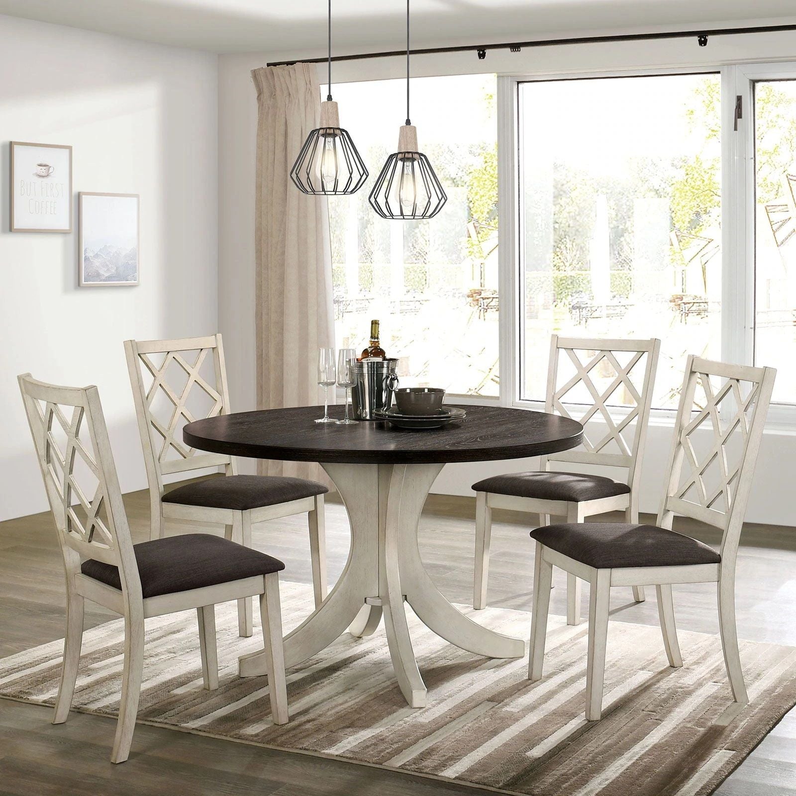 Antique white dining chairs with gray cushioned seat