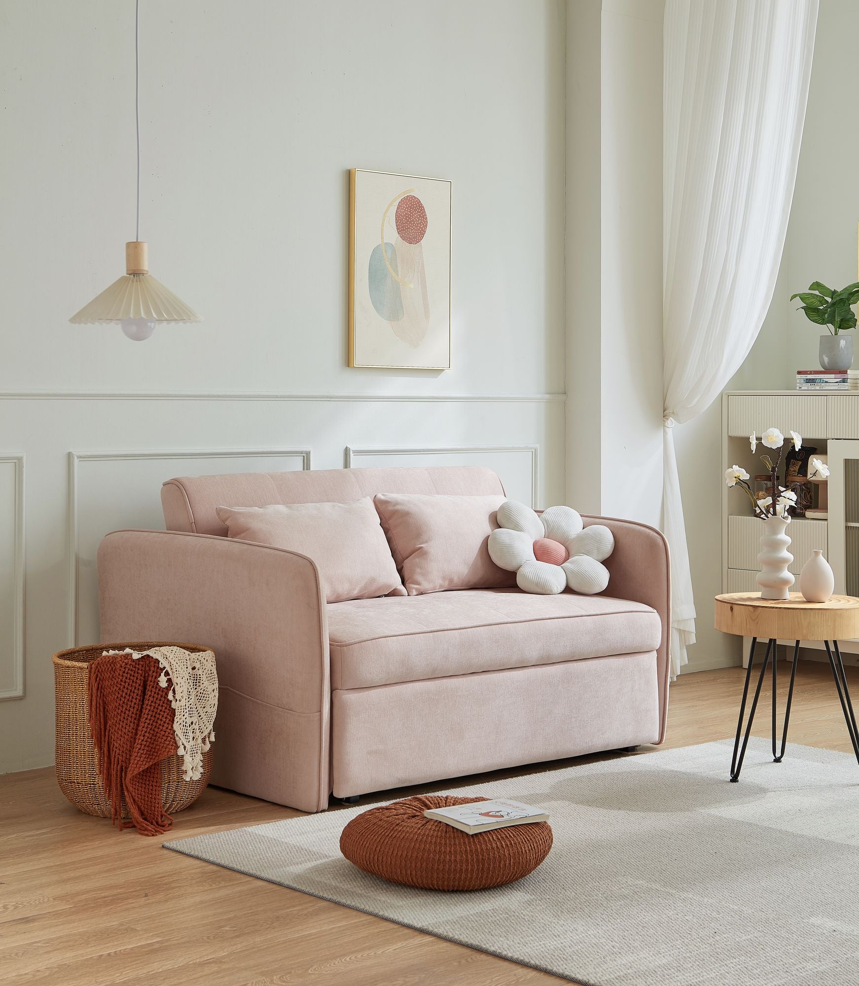 Chenille Fabric Pull-Out Sleeper Loveseat Sofa in Yellow