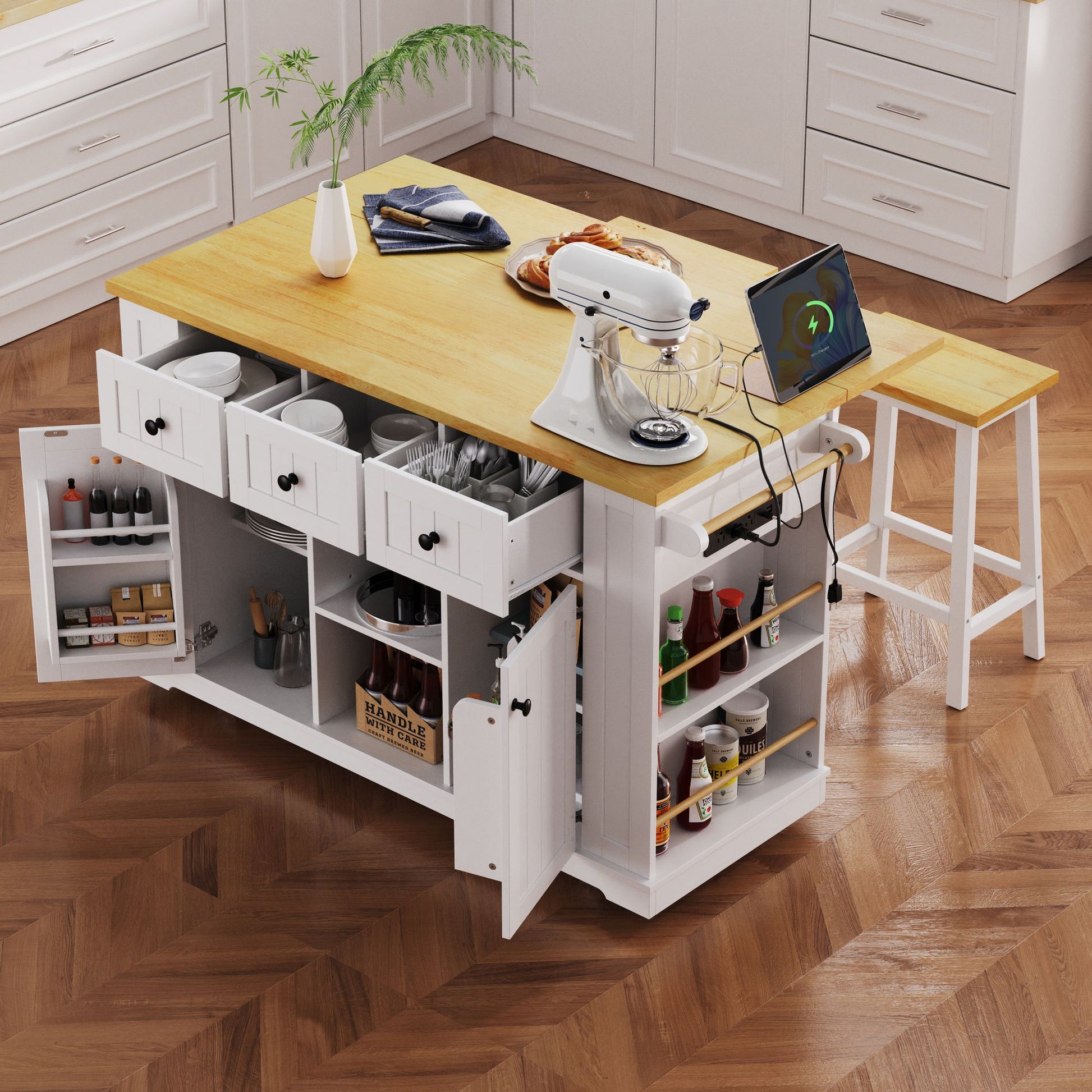 53-inch large rolling kitchen island with drop leaf and power outlet