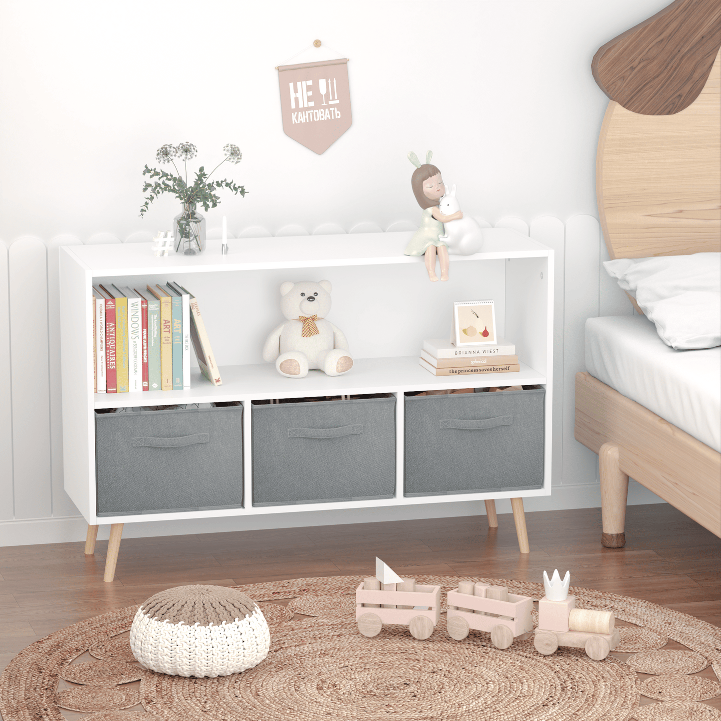 White and gray kids bookcase with collapsible fabric drawers