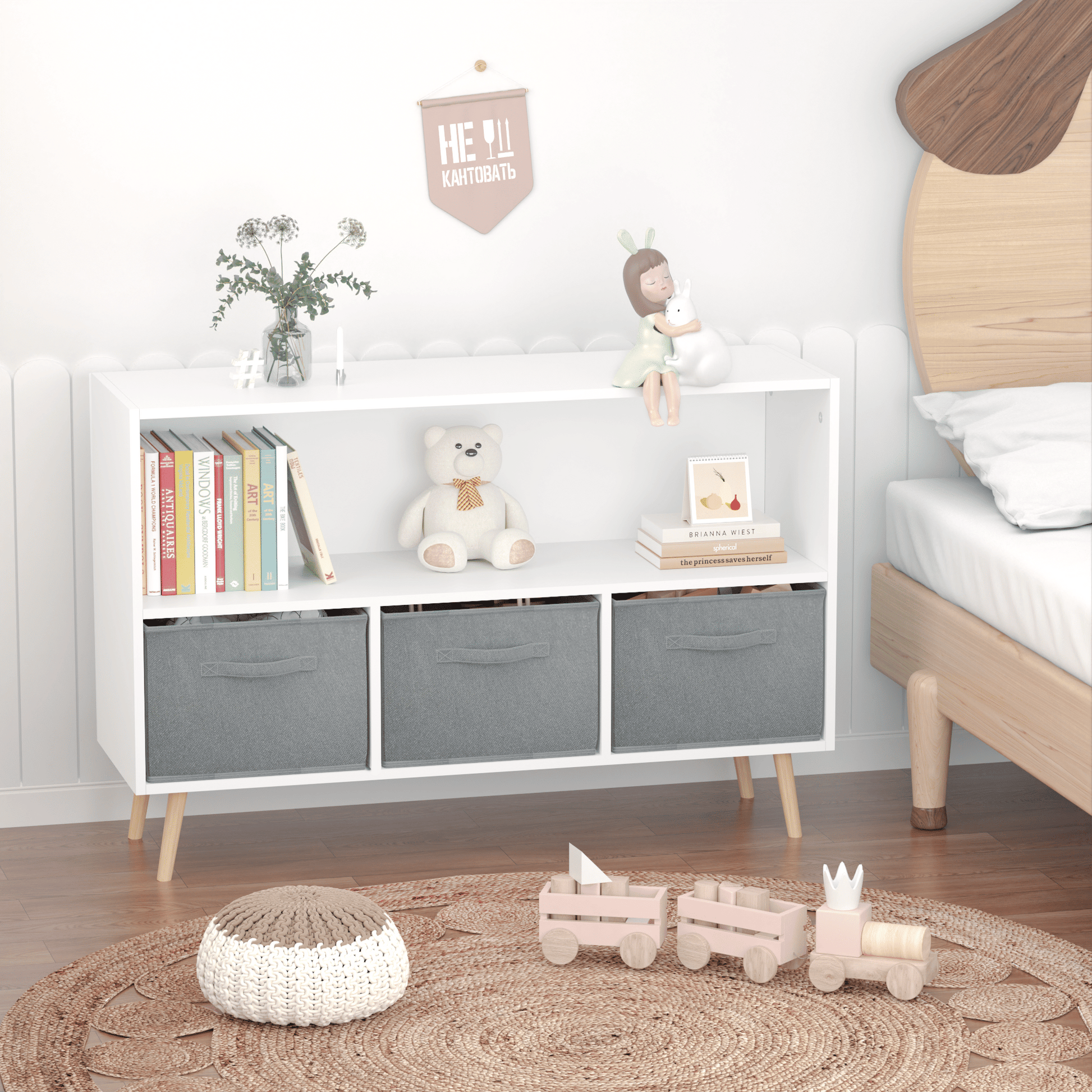 White and gray kids bookcase with collapsible fabric drawers