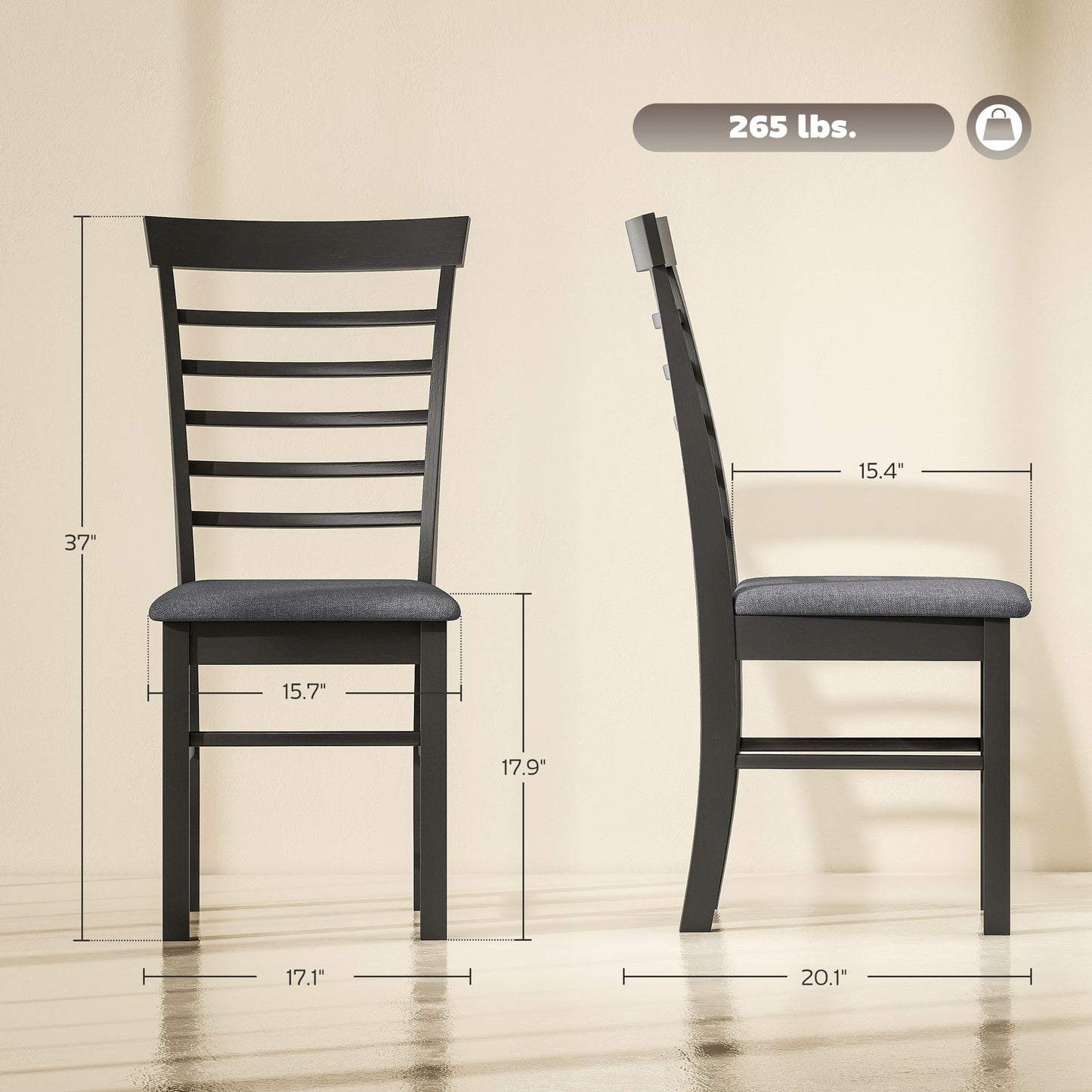 Wooden farmhouse dining chair set of 4 with upholstered gray seat