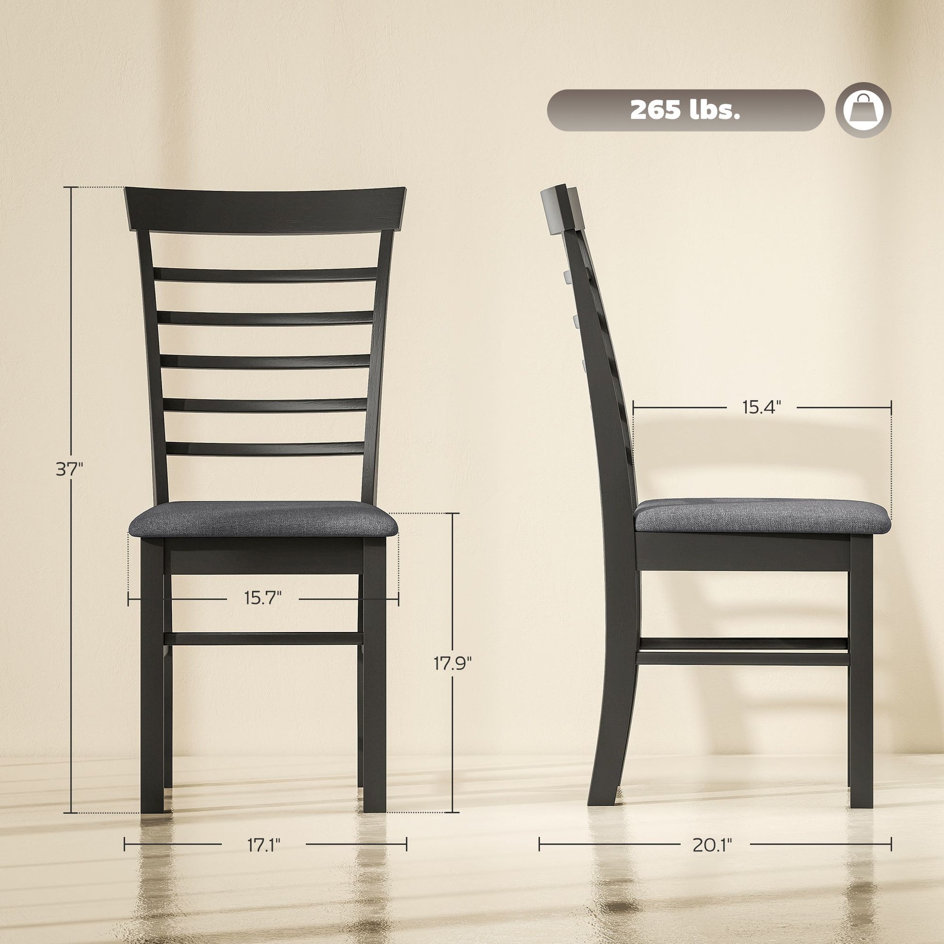 Wooden farmhouse dining chair set of 4 with upholstered gray seat