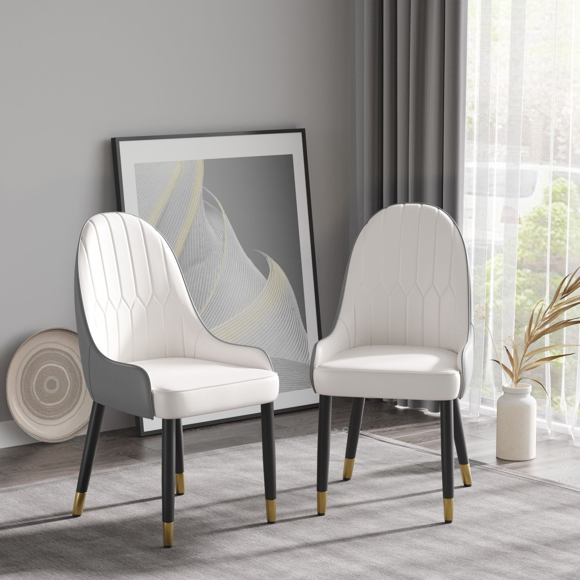 Modern white and gray PU leather dining chairs set of 2