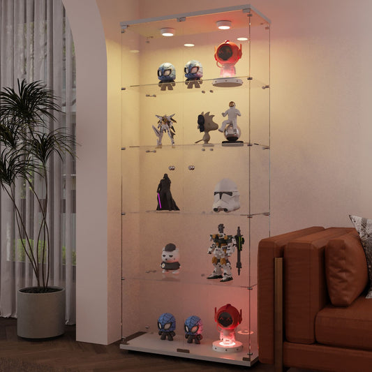 White tempered glass display cabinet with LED lights