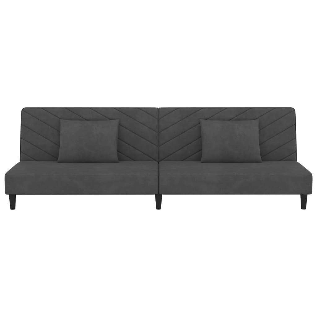 Dark gray velvet 2-seater sofa bed with pillows