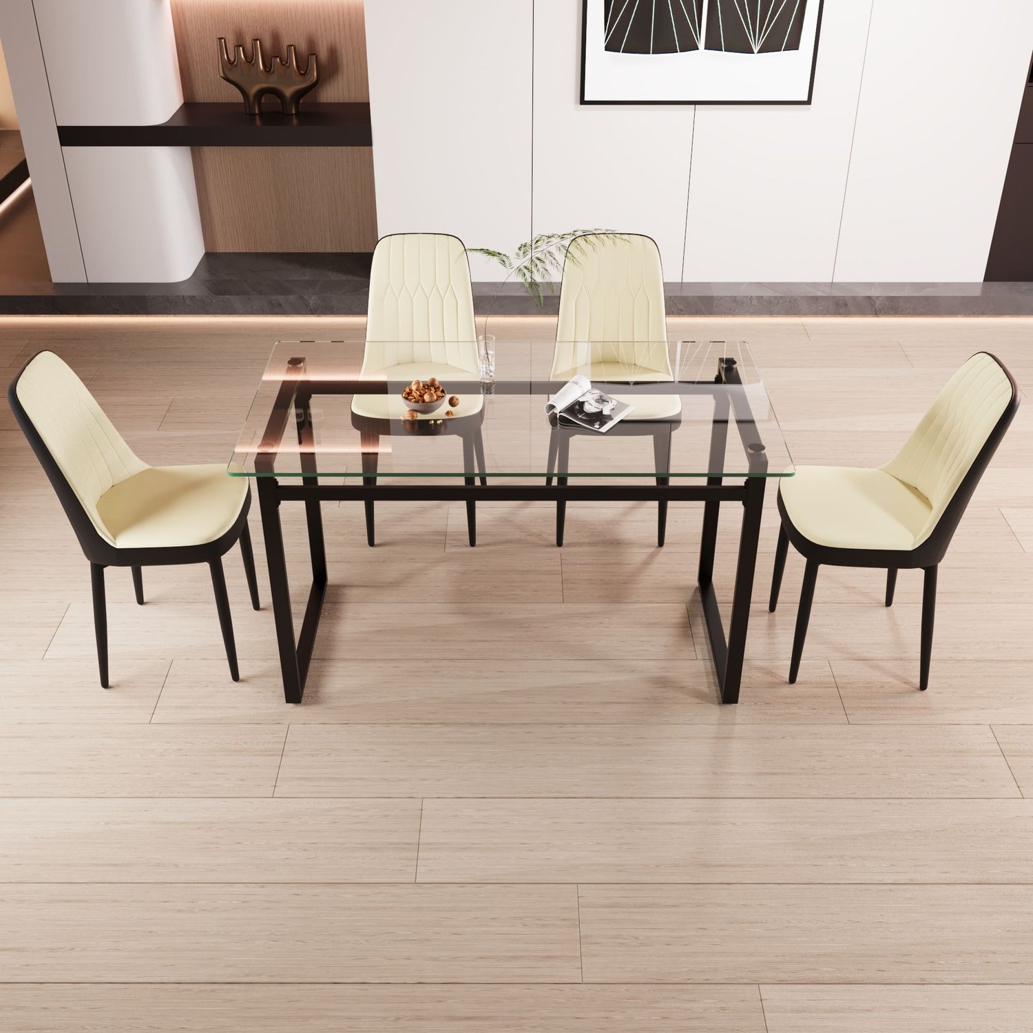 4-person rectangular glass dining table set with black metal legs