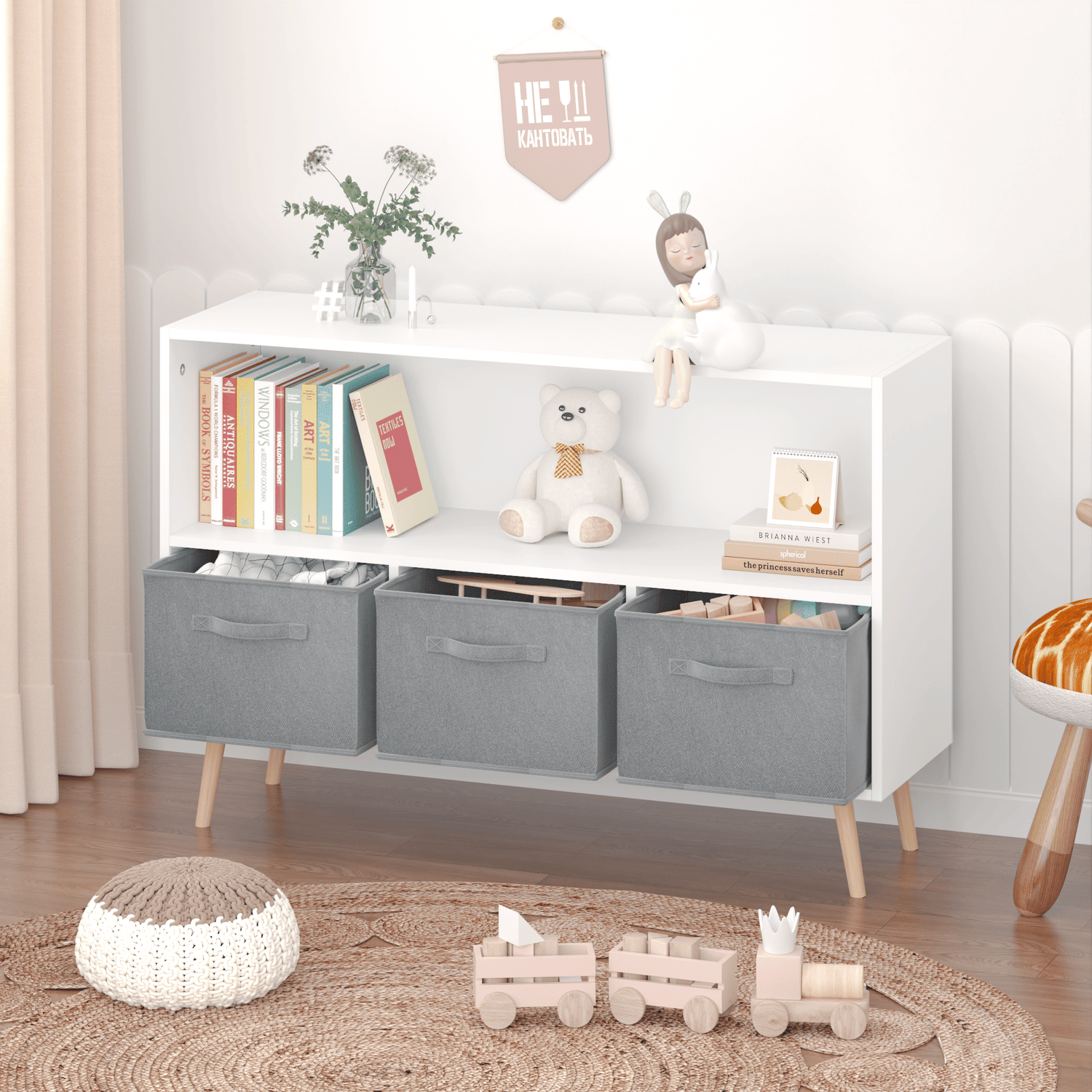 White and gray kids bookcase with collapsible fabric drawers