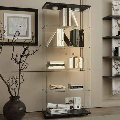 Black tempered glass display cabinet with LED lighting and locks