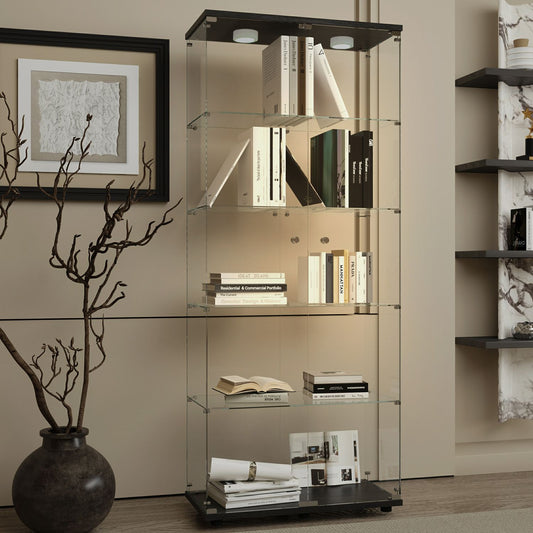 Black tempered glass display cabinet with LED lighting and locks