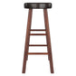 Wooden bar stool set with crossbar footrests and cushioned top