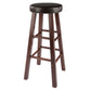 Wooden bar stool set with crossbar footrests and cushioned top